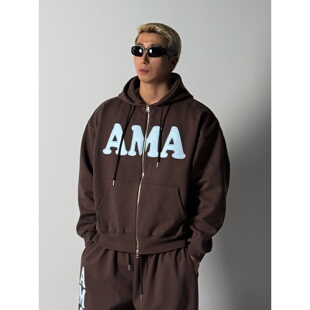 MRDONG韩国代购男装阿玛字母刺绣连帽拉链卫衣宽松街头情侣款外套