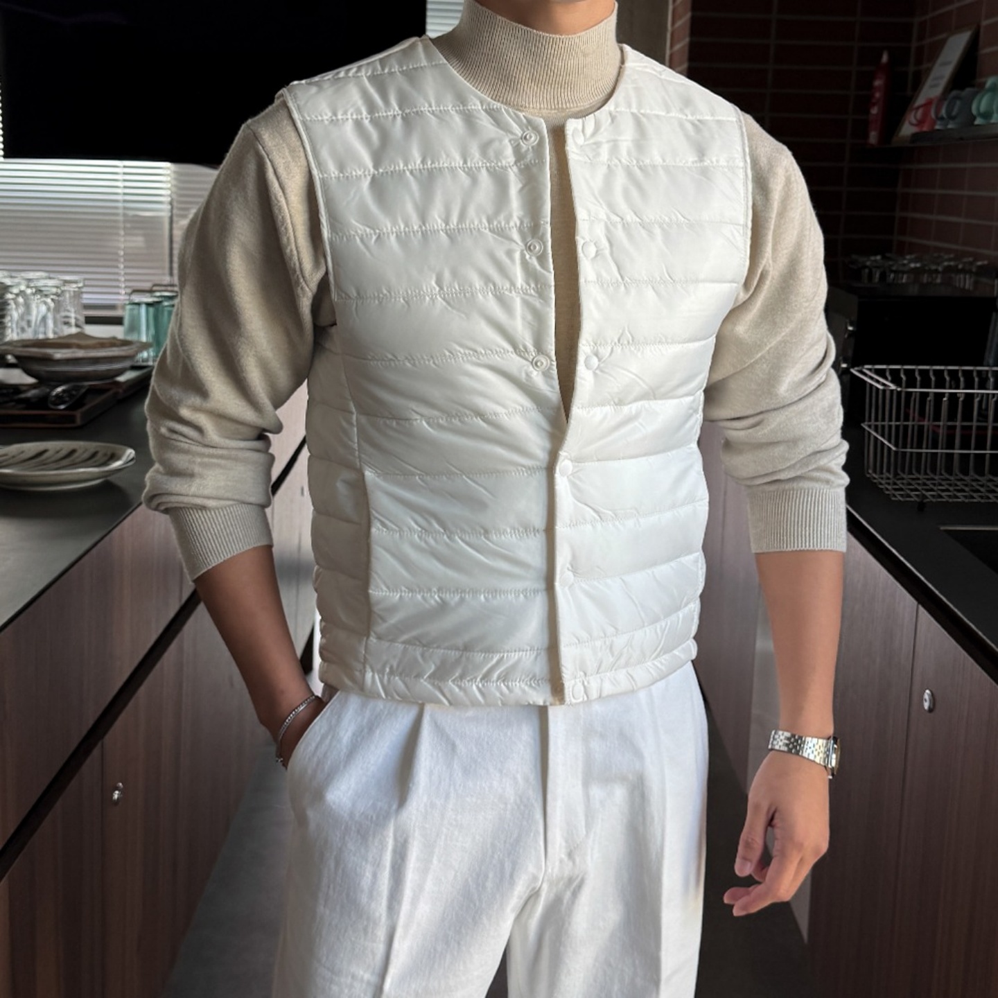 韩国男装圆领按扣简约风棉服马甲