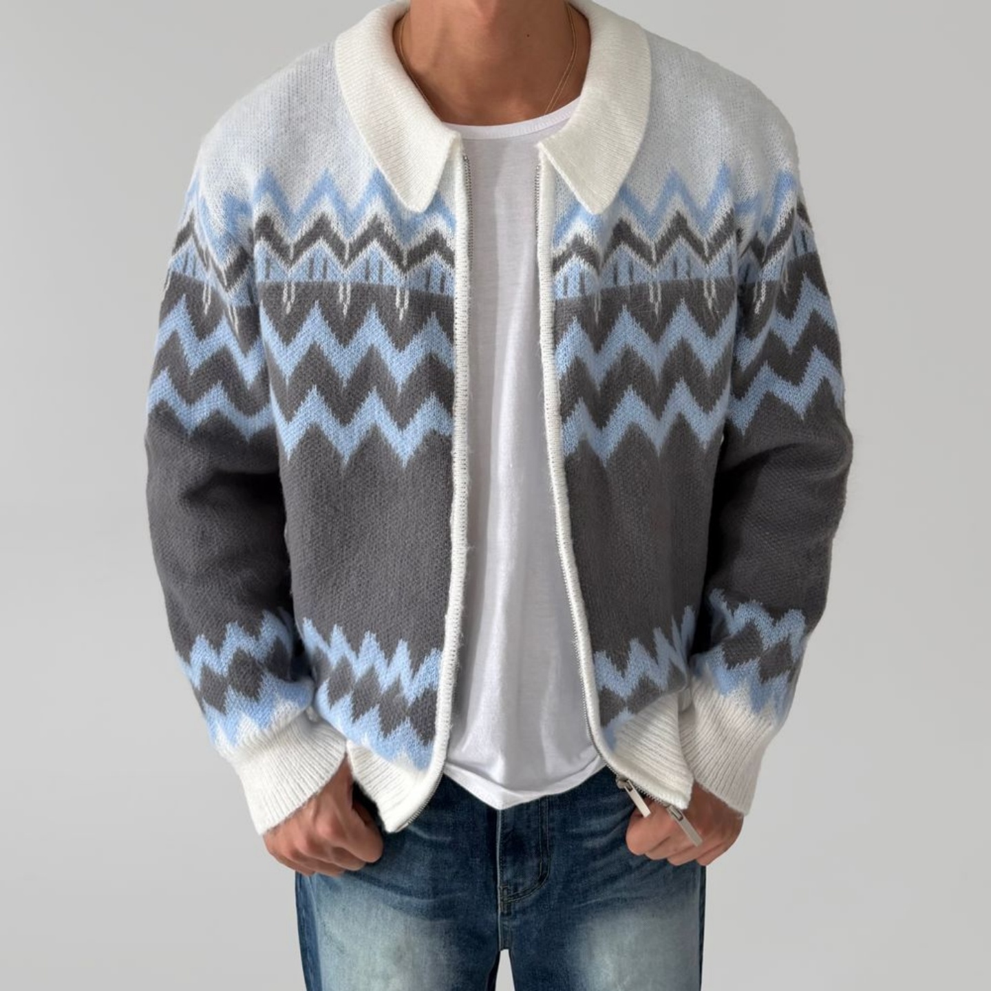 MRDONG韩国男装代购轻熟设计师翻领折线几何拼色拉链针织开衫外套