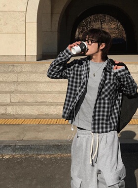 MRDONG韩国代购男装艾尔文短款格纹衬衫宽松免烫外搭轻薄防皱质感