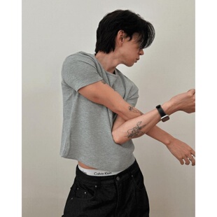 MRDONG韩国代购男装华夫肌理短款短袖T恤宽松立体版型夏叠穿层次