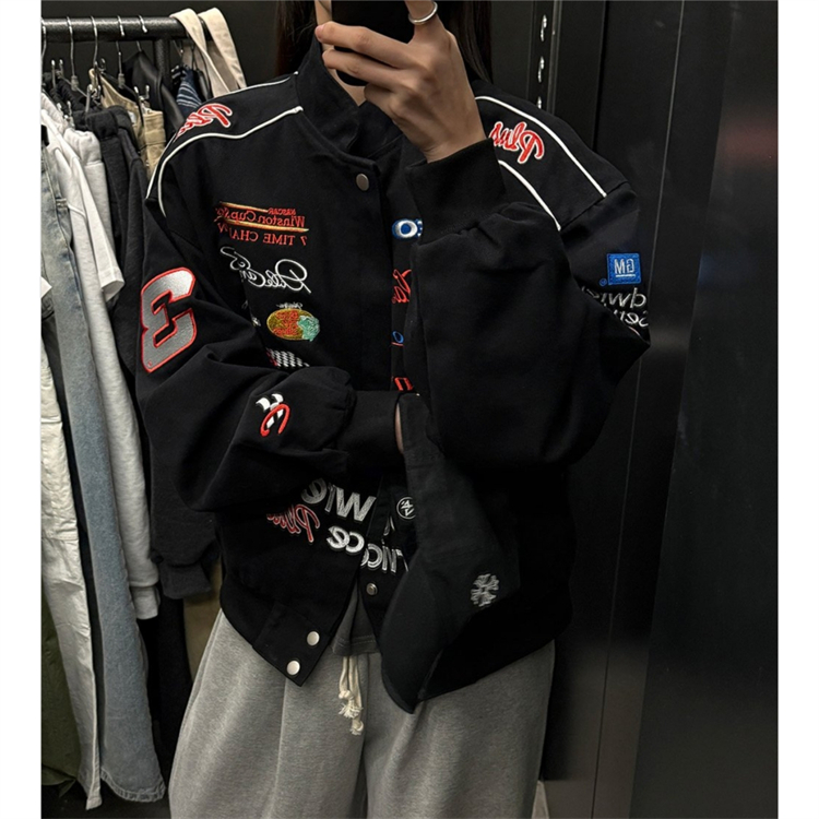 韩国代购刺绣徽章赛车元素夹克