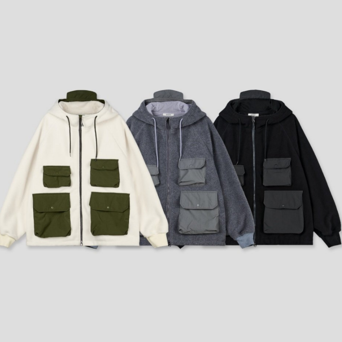 韩国男装代购不对称工装口袋撞色拼接摇粒绒秋冬阔版连帽夹克外套