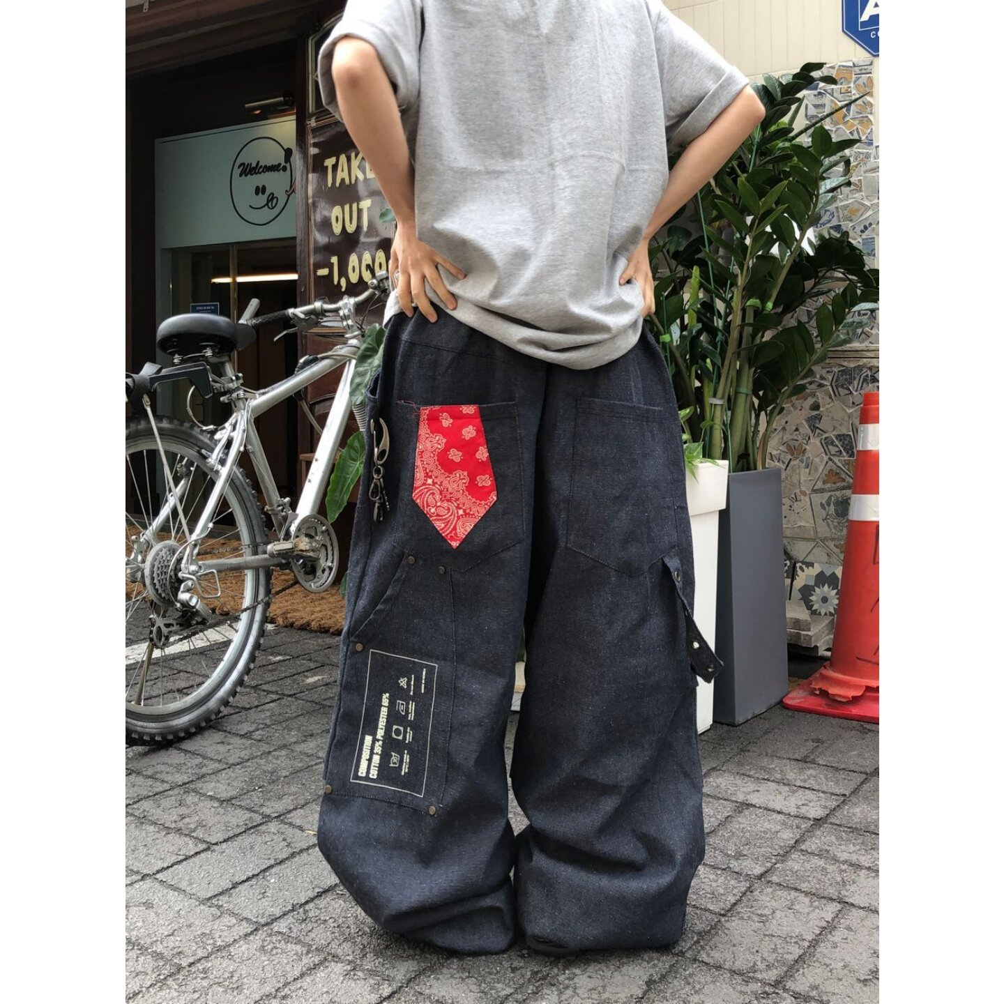 MRDONG韩国代购东大门男女腰果花系带阔腿牛仔裤炭黑复古机能暗黑