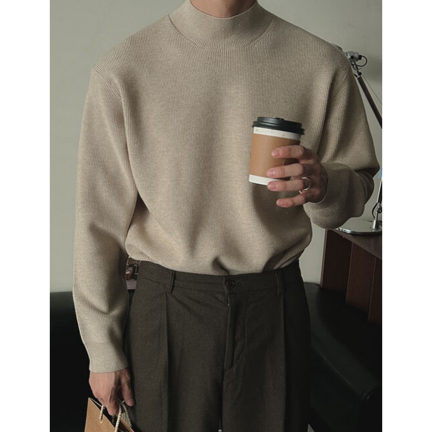 MRDONG韩国男装代购LAINE高档意大利面料半高领轻熟风宽松针织衫