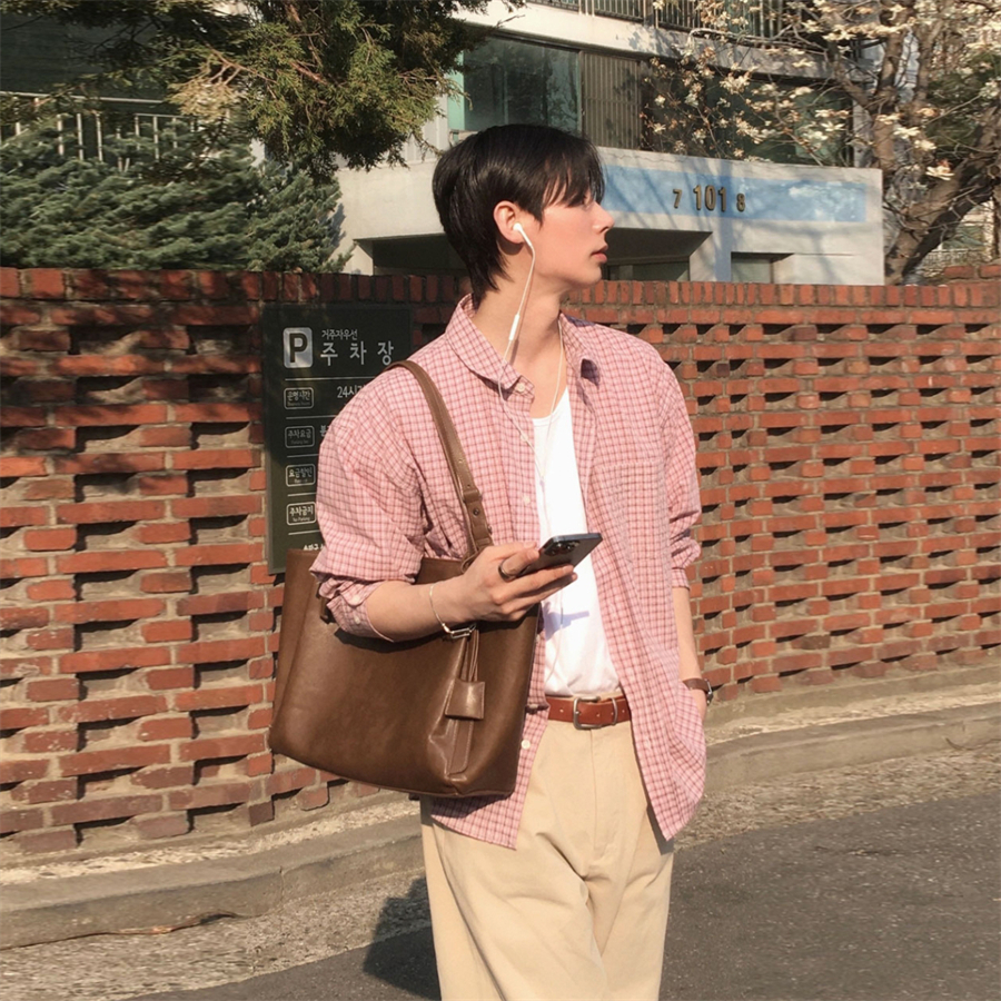 MRDONG韩国男装代购vintage褶皱纹理感夏季纯棉格子宽松长袖衬衫