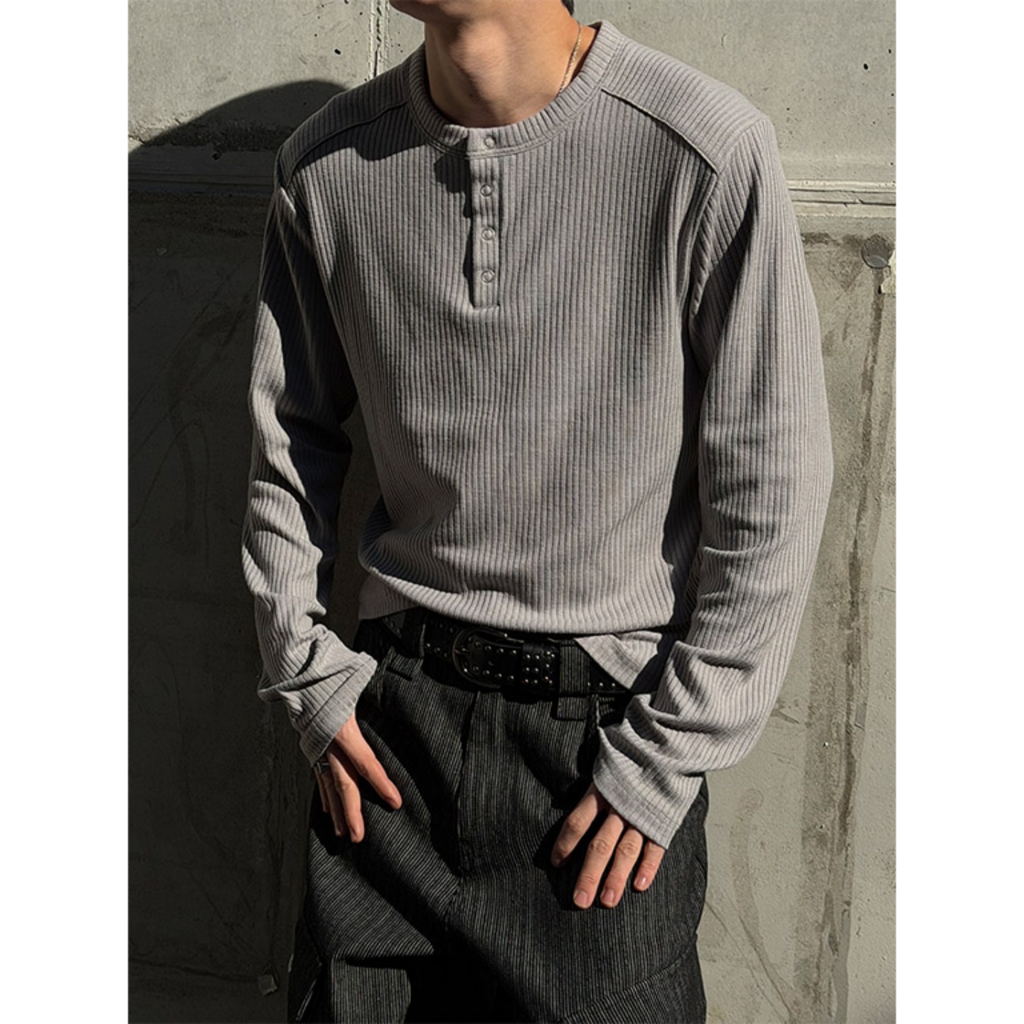 MRDONG韩国男装代购重工肩线亨利领按扣坑条纹理针织打底长袖T恤