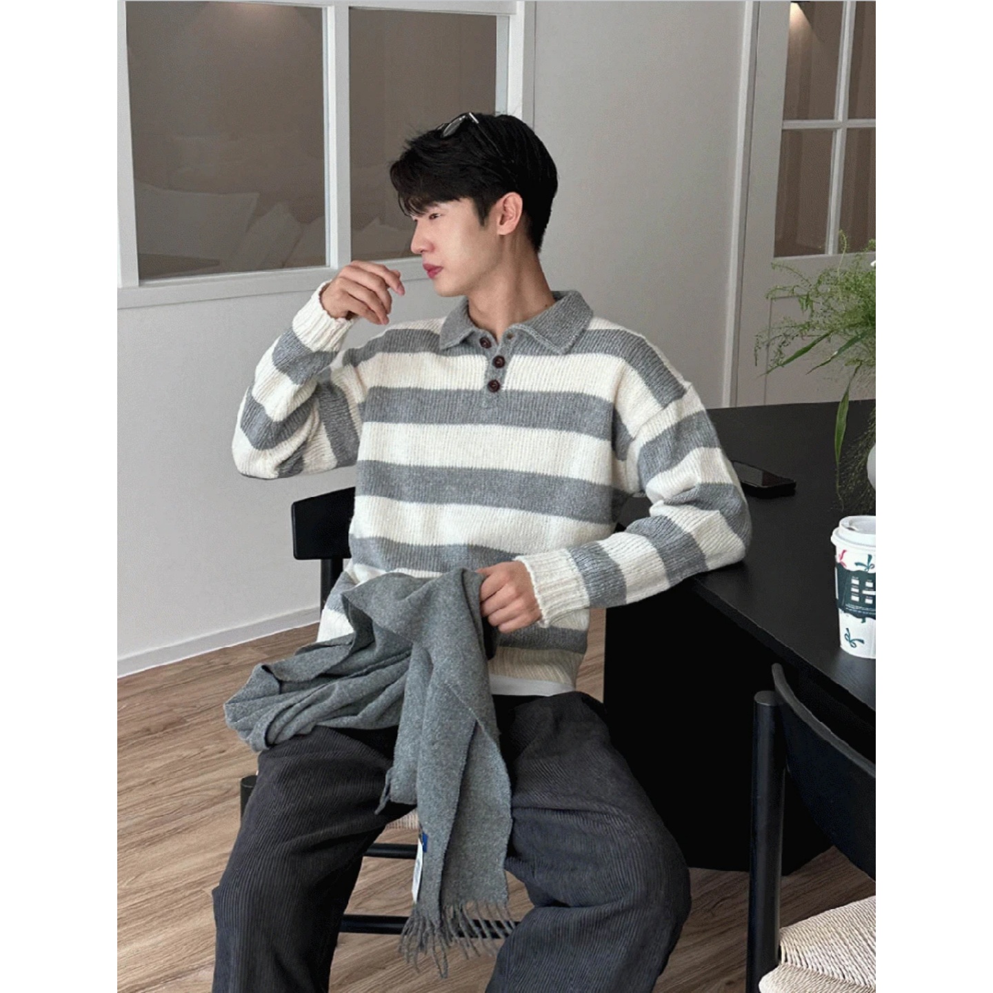 MRDONG韩国男装代购翻领POLO衫宽条纹拼色落肩休闲宽松毛衣针织衫