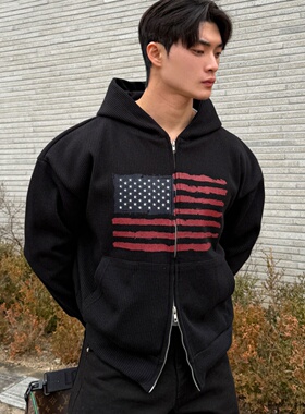 MRDONG韩国代购男装美式国旗印花拉链连帽卫衣宽松街潮小众设计款