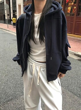 MRDONG韩国代购男女设计师荷叶口袋连帽拉链卫衣宽松慵懒春季外套