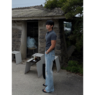MRDONG韩国代购东大门男装浅蓝水洗拉丝破洞直筒微喇牛仔裤复古风