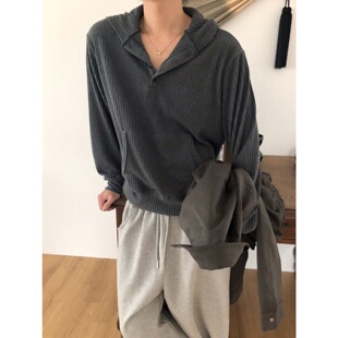 MRDONG韩国代购男装华夫亨利连帽卫衣短款宽松针织肌理上衣T恤潮