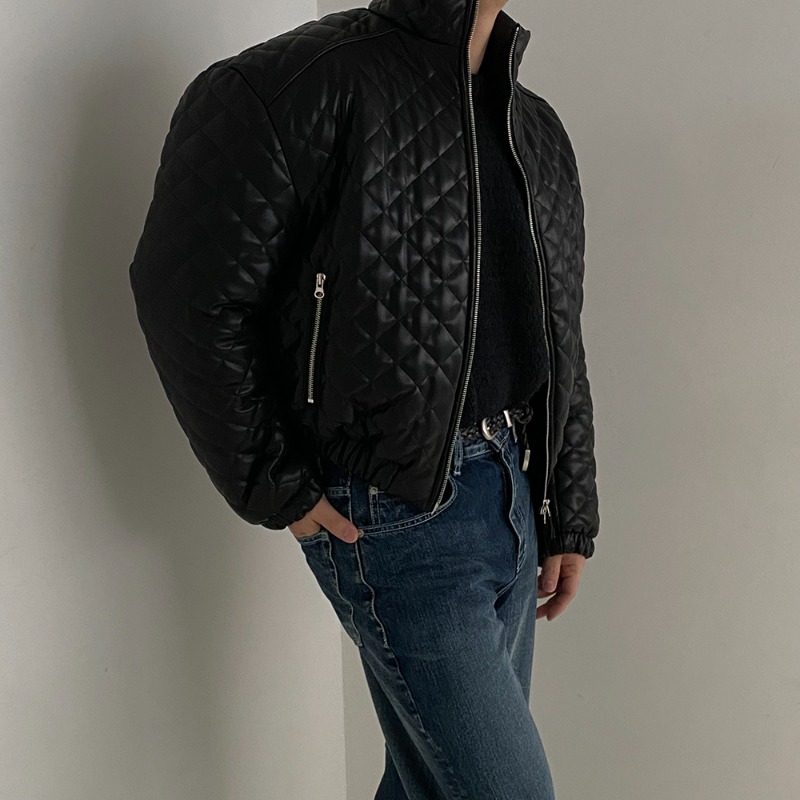 MRDONG韩国代购男装菱格绗缝皮质短款棉夹克外套立领拉链保暖机车