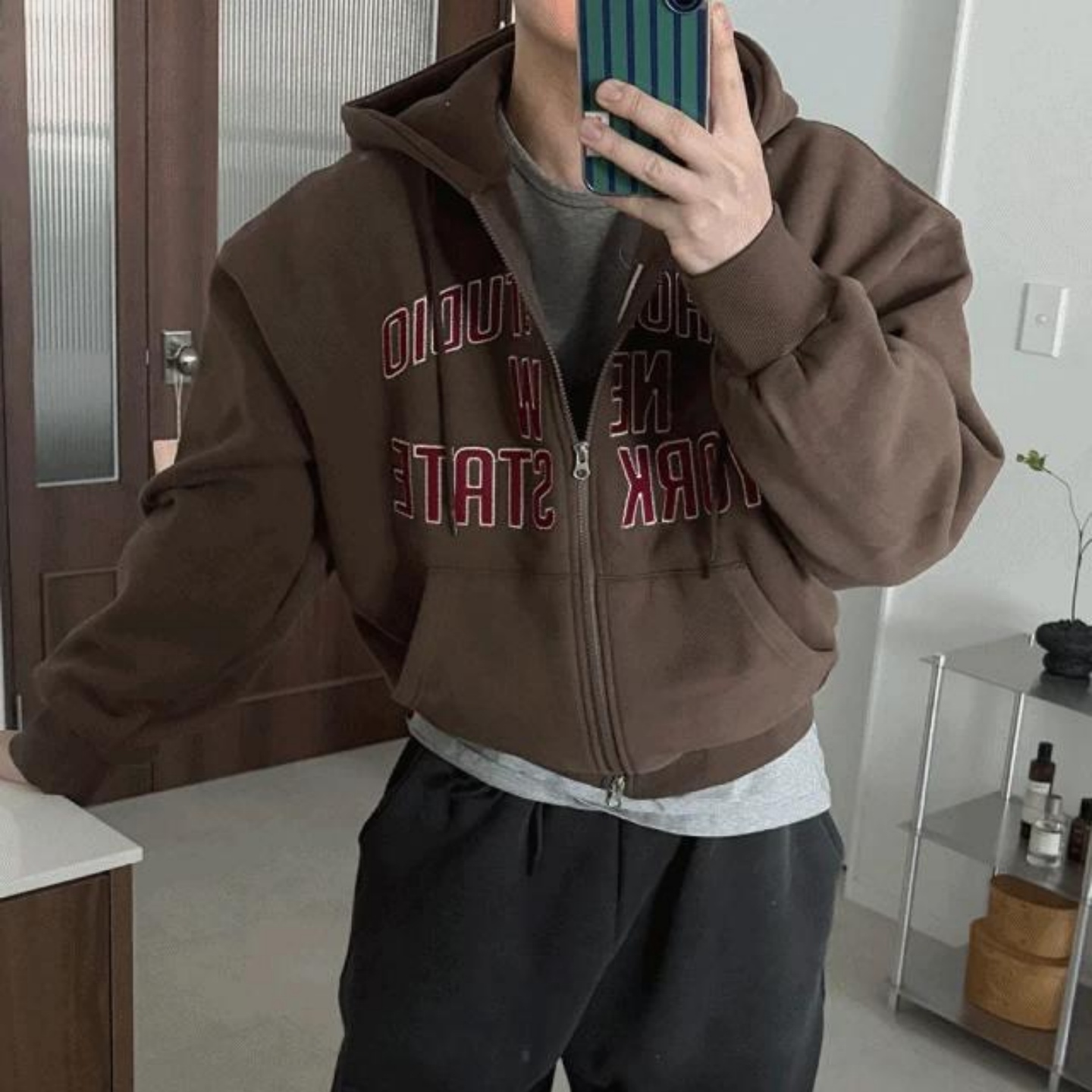 MRDONG韩国代购男装纽约刺绣加绒宽松秋冬短款保暖休闲连帽外套款