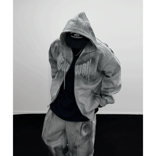 MRDONG韩国代购男装纽约脏染连帽拉链宽松套装卫衣外套街头复古感