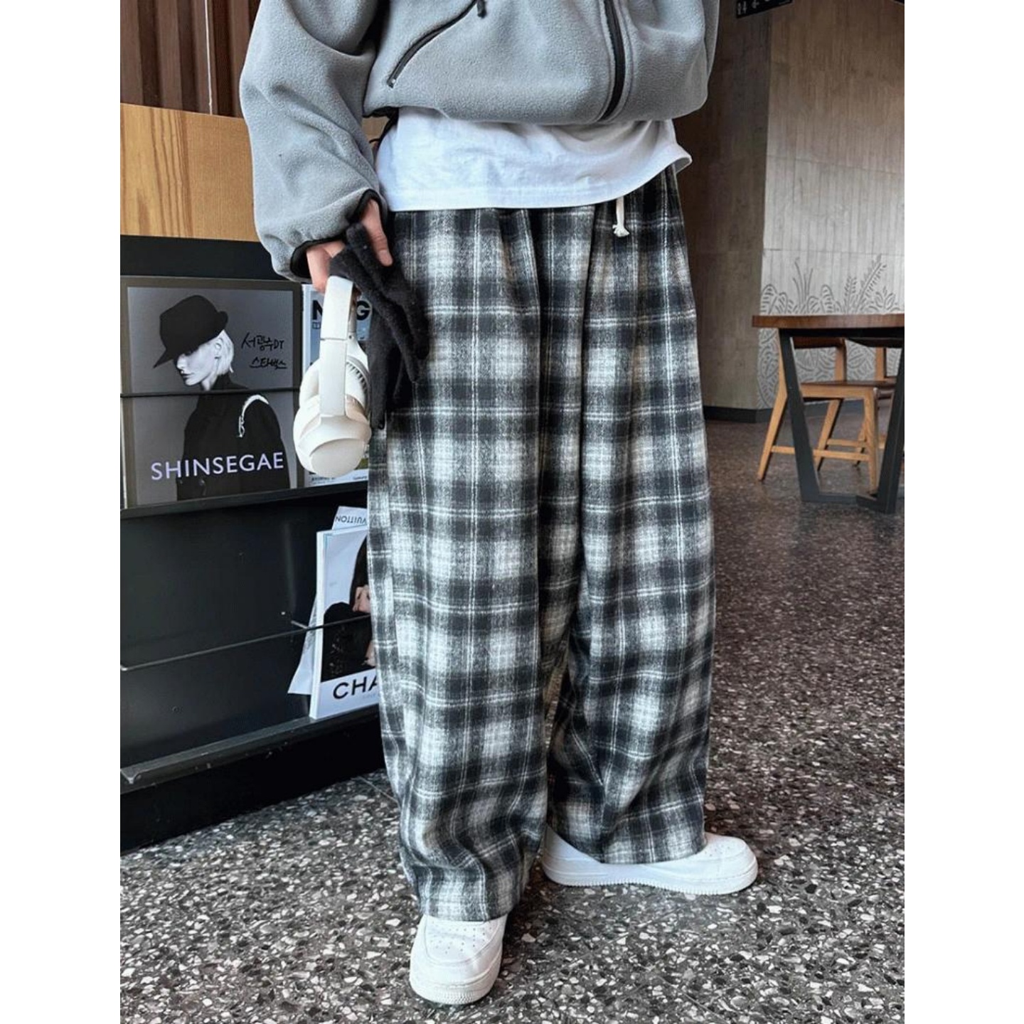 MRDONG韩国男装代购冬季磨毛绒感慵懒格子纹阔腿balloo毛呢休闲裤