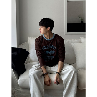 MRDONG韩国代购东大门男装西部骏马印花撞色圆领复古宽松长袖T恤