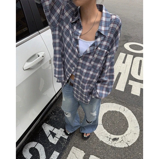 MRDONG韩国代购东大门男女RM格纹短款宽松长袖衬衫学院风复古潮流