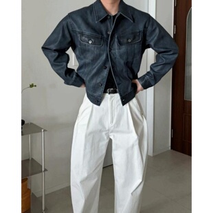 翻领外套 OWN轻奢复古水洗皮衣夹克宽松短版 MRDONG韩国代购 男装