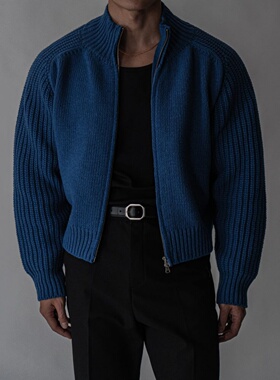 MRDONG韩国代购男装百货级高档开衫短款粗针外套针织毛衣立领高档