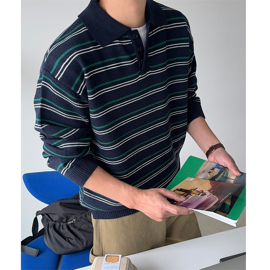 MRDONG韩国男装代购秋冬轻熟风休闲横条纹POLO翻领宽松针织衫毛衣