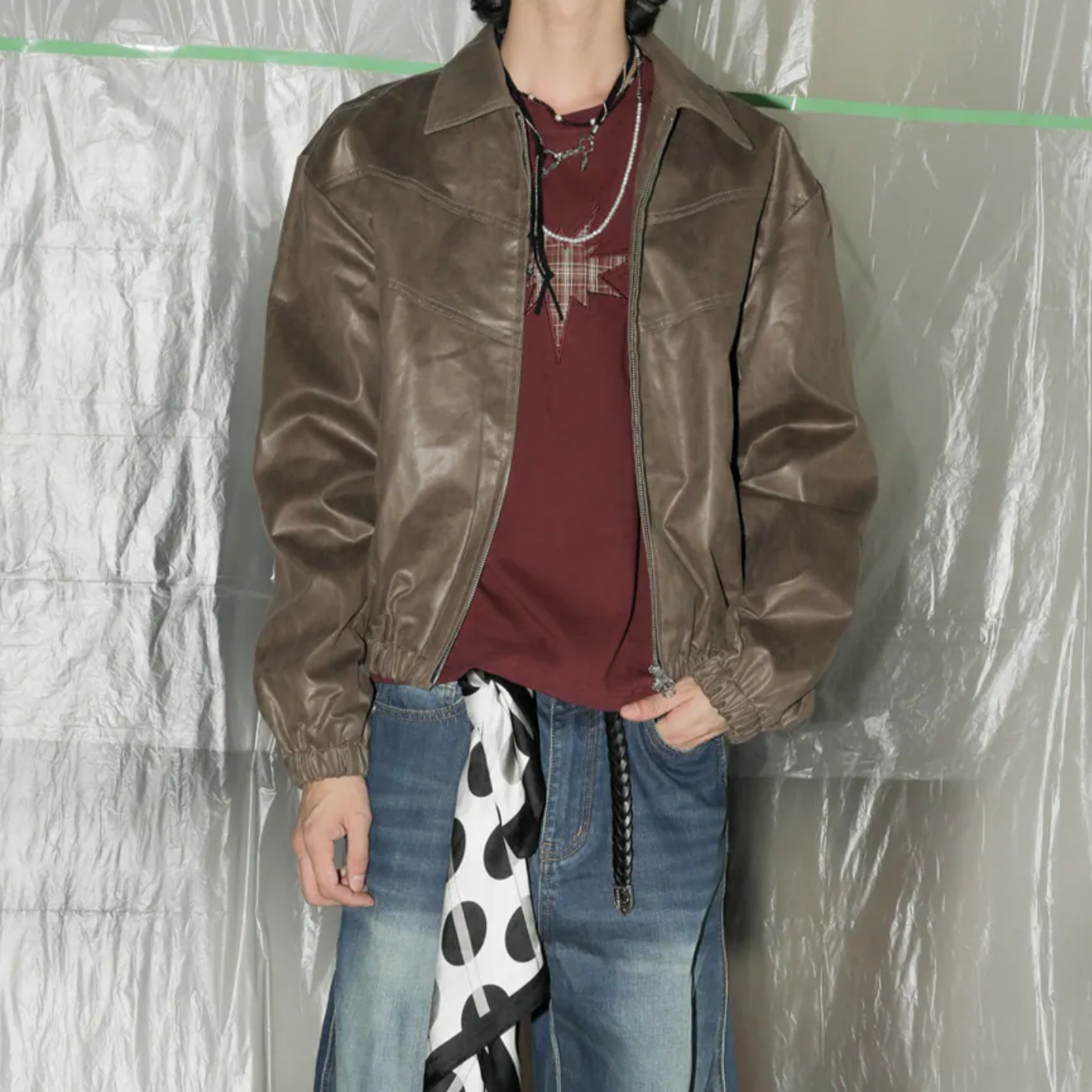 韩国男装做旧复古风硬朗PU皮夹克