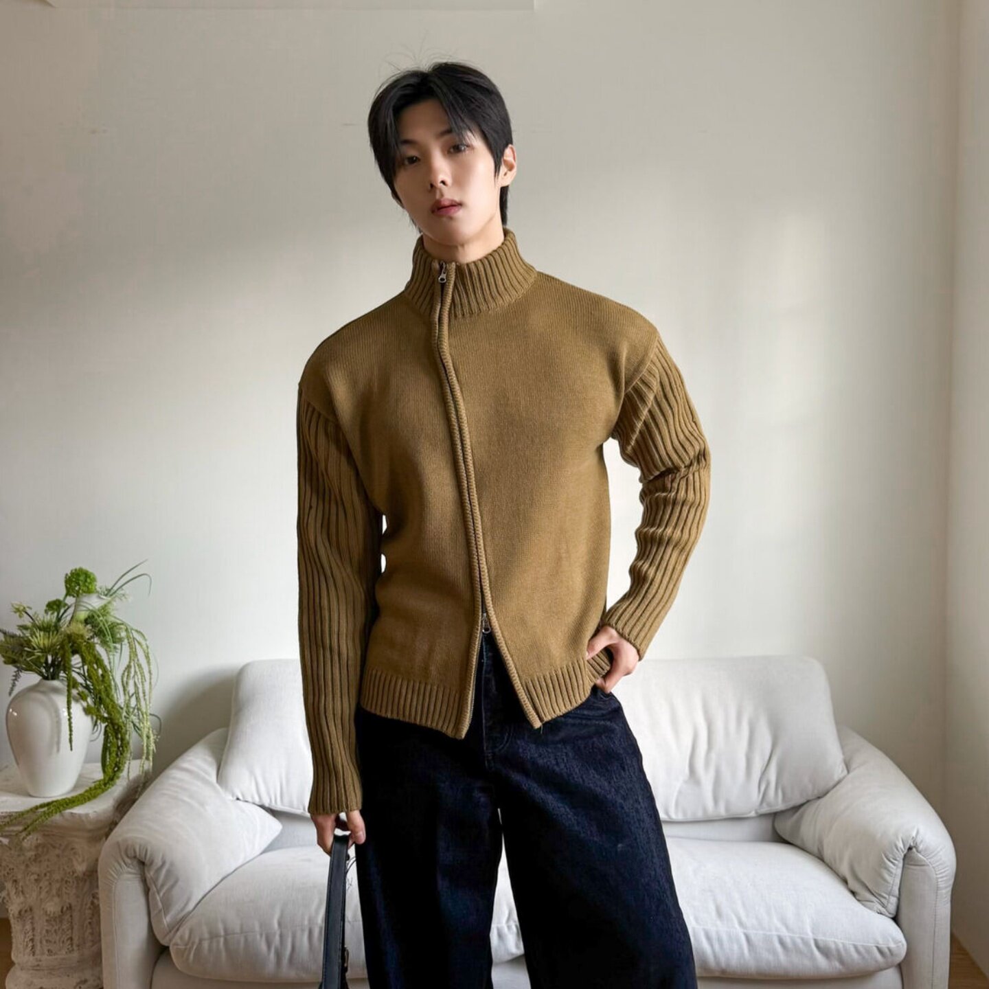 韩国代购半高领斜线拉链针织开衫