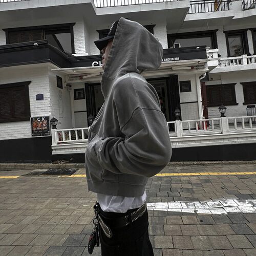 东大门重工短款水洗做旧连帽卫衣