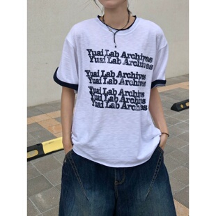 MRDONG韩国代购东大门男女英文撞色圆领假两件竹节棉宽松短袖T恤