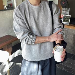 设计春秋长袖 直播LAINE精梳棉华夫格高奢压线短款 T恤 男装 韩国代购