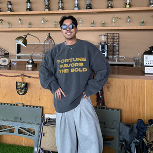 水洗复古字母印花华夫长袖 华夫格阔版 宽松T恤 男装 MRDONG韩国代购