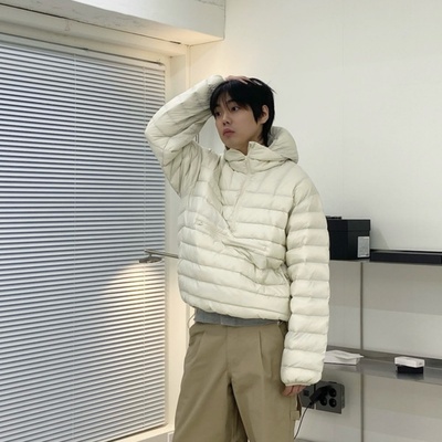 MRDONG韩国男装代购连帽半开拉链轻量鸭绒排骨纹理套头羽绒服外套