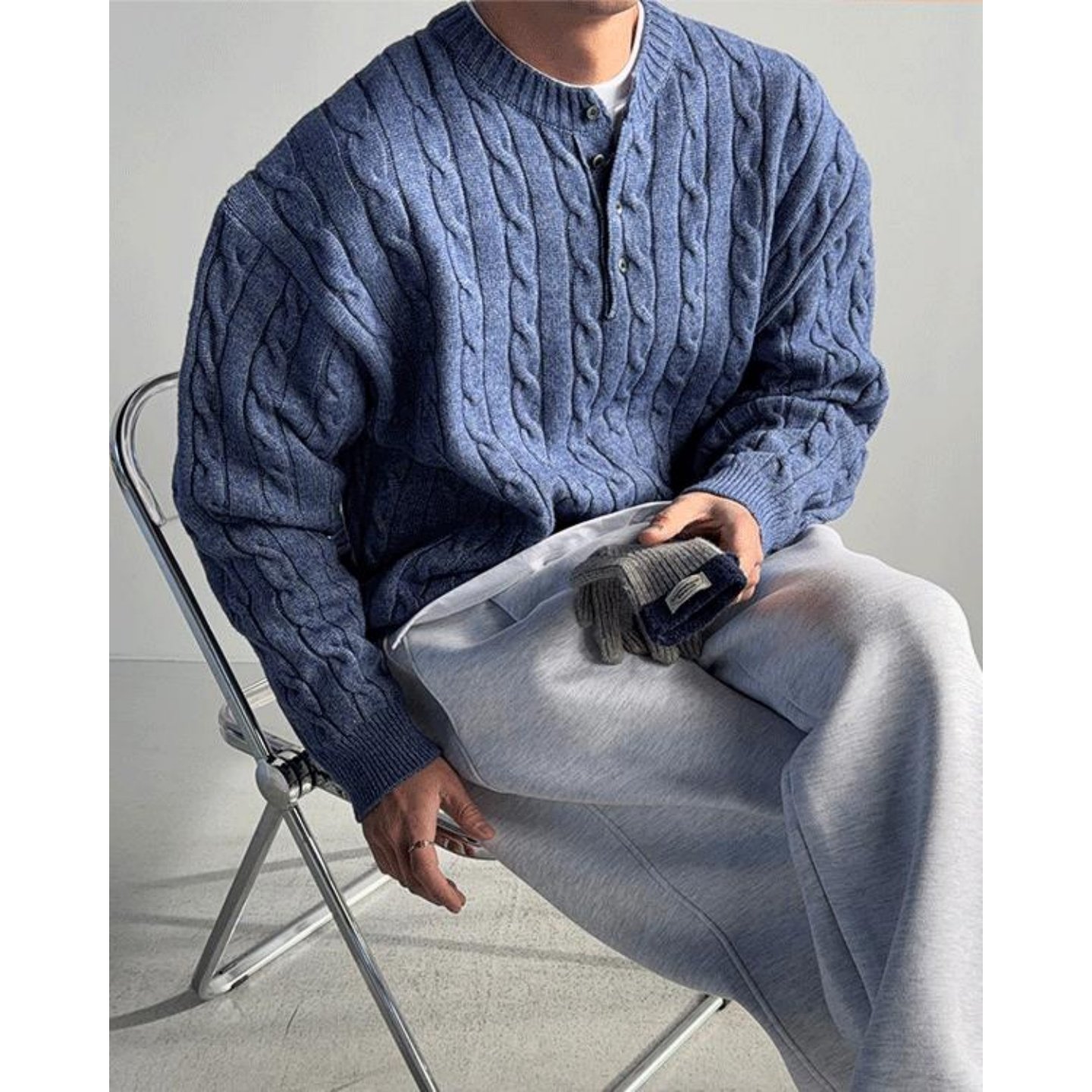 MRDONG韩国代购男装亨利领粗针立体麻花宽松针织衫复古质感设计款