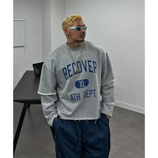 MRDONG韩国代购男装字母假两件错位叠袖复古卫衣宽松剪裁感小众春