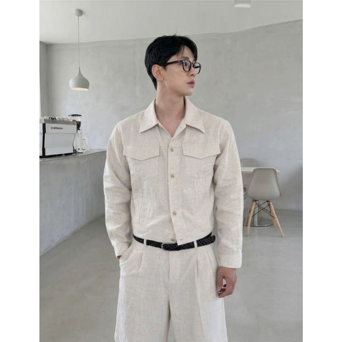 MRDONG韩国代购东大门男装褶皱亚麻粗纤维夏季短款夹克衬衫式外套