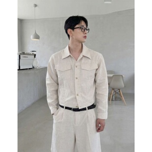 MRDONG韩国代购东大门男装褶皱亚麻粗纤维夏季短款夹克衬衫式外套