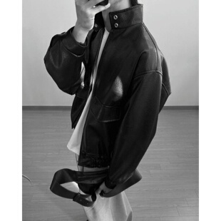 宽松机车外套小众春款 皮感立领双口袋夹克短款 男装 MRDONG韩国代购