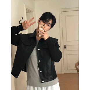 MRDONG韩国代购男装OURROOM复古做旧皮革纽扣短款机车夹克外套