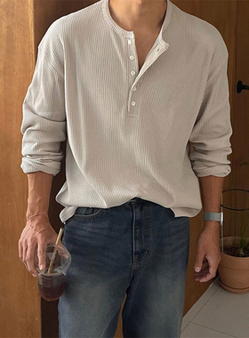 促销韩国男装代购气质亨利领5粒扣华夫格针织打底秋季宽松长袖T恤