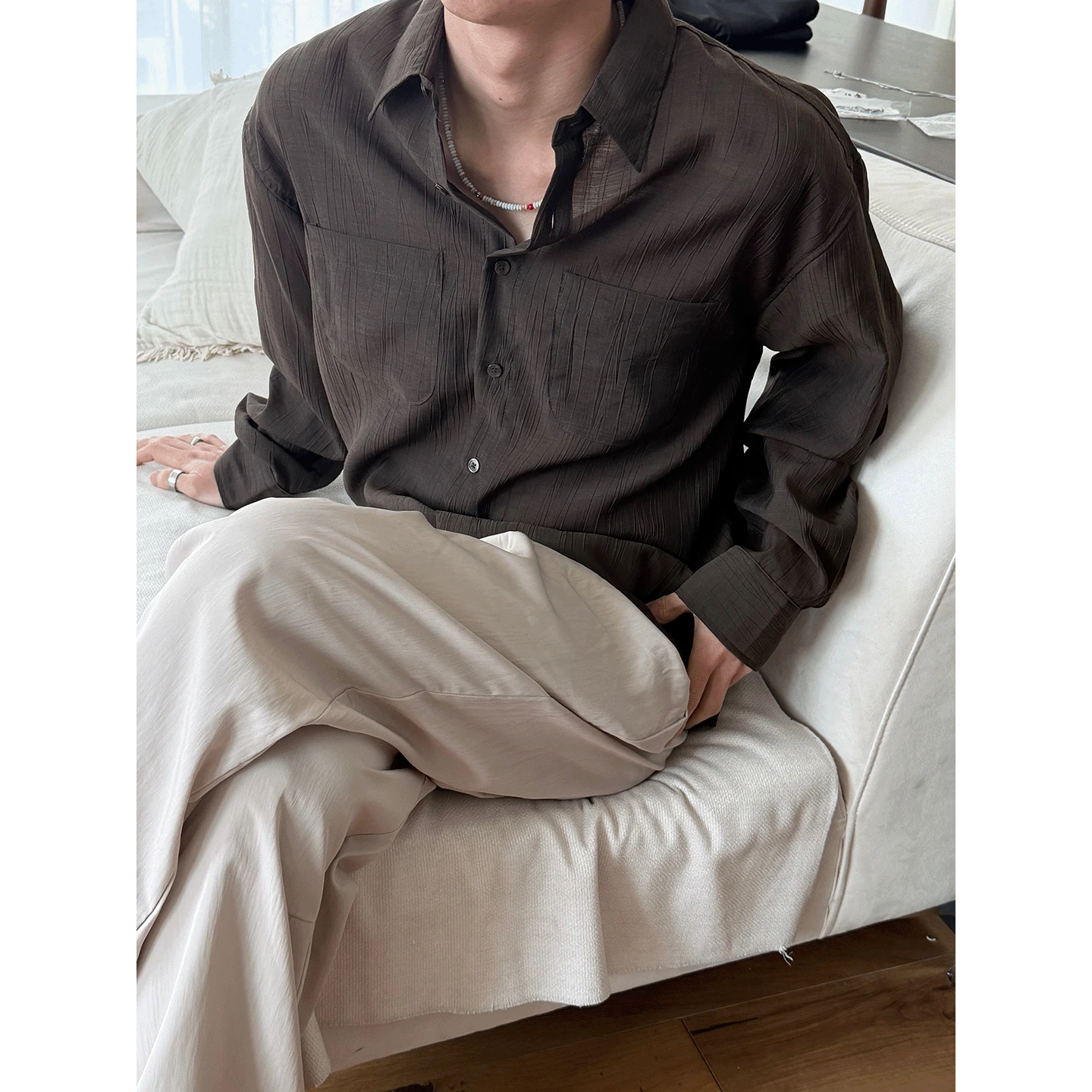 MRDONG韩国代购东大门男装暗纹褶皱轻薄双袋长袖衬衫夏季宽松型男