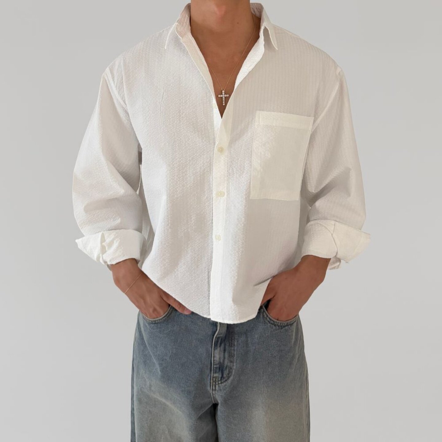 MRDONG韩国代购东大门男装细条纹短款衬衫清新宽松文艺夏季防晒潮