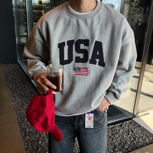 USA字母刺绣植绒抓绒宽松套头圆领卫衣冬 美式 MRDONG韩国代购 男装