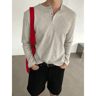 MRDONG韩国代购东大门男装OASIS华夫亨利领长袖肌肉春季T恤