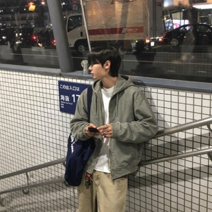 直播DOT重工牛仔布拼接设计师连帽小众夹克 男装 福利秒杀 韩国代购