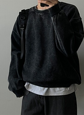 MRDONG韩国代购男装做旧水洗宽松落肩圆领卫衣复古街头上衣减龄