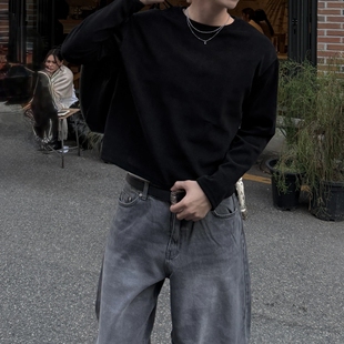 素色华夫格针织打底宽松长袖 cropped短款 T恤 男女款 MRDONG韩国代购