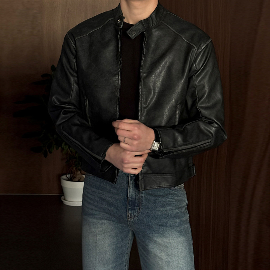 韩国男装小立领褪色短款PU皮夹克