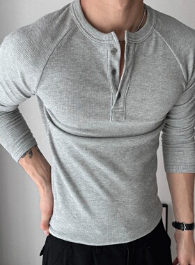 MRDONG韩国代购男装肌肉版亨利领罗纹长袖T恤弹力贴身显线条耐洗