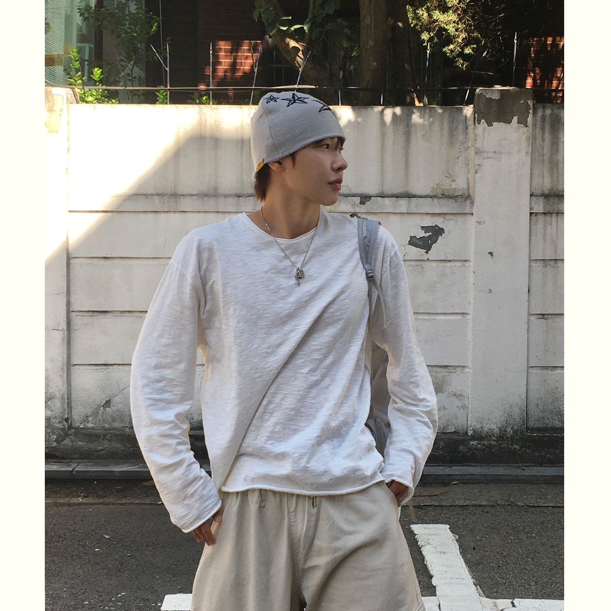 韩国男装切割卷边纹理竹节棉T恤