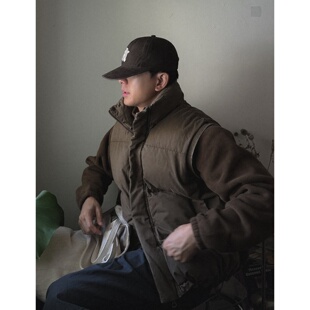 MRDONG韩国代购东大门男装复古水洗立领抽绳短款蓬松棉服马甲外套
